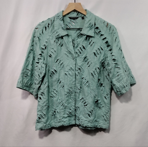 Samuel Dong 100% Linen Cutout Shirt Womens L Green Boho Retro 90s Artsy Hippie - Picture 1 of 7